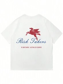 男士复古风格白色短袖T恤 | 背面印有红色飞马和“Risk Takers”图案 | 美式休闲风格