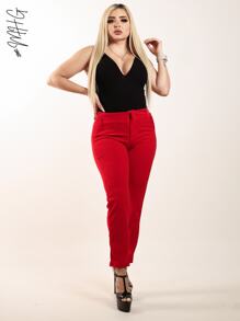 Pantalon de Vestir de Pinzas Estilizado Formal y Elegante para Mujer/Dama Para Trabajo, Oficina o Salida Formal / Semi Formal Corte Slim con Bolsillos Falsos Unicolor - Rojo - Ver 3
