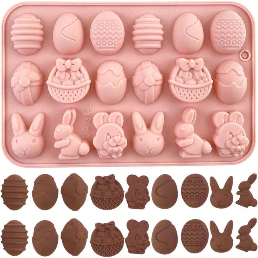 1 Pc Easter Silicone Chocolate Mold With 18 Cavities In Egg, Rabbit, Rabbit Head, And Basket Shapes, Suitable For DIY Chocolate, Candy, And Jelly - Multicolor - View 1