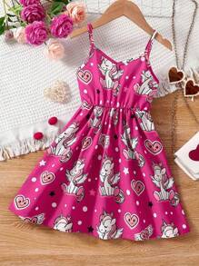 Girls' Daily Casual Outing Fashion Printed Cartoon Pattern Thin Shoulder Strap Sleeveless Knee-Length Dress For Summer - Hot Pink - View 2