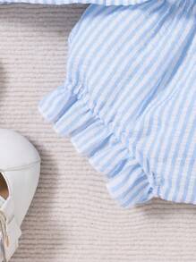 2pcs/Set Baby Girl Spring/Summer Blue Striped Bowknot Blouse & Striped Ruffle Hem Shorts Outfit - Blue - View 6
