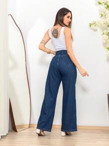 Women's Wide Leg Jeans, Premium Thick Fabric, Blue. - Màu xanh hải quân - Xem 5