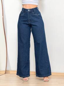 Women's Wide Leg Jeans, Premium Thick Fabric, Blue. - Màu xanh hải quân - Xem 1