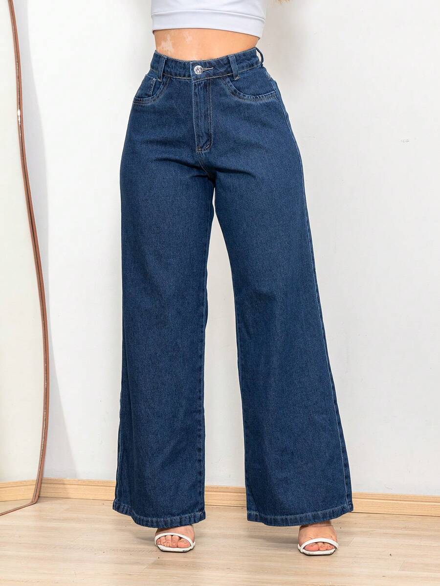 Women's Wide Leg Jeans, Premium Thick Fabric, Blue. - Màu xanh hải quân - Xem 1