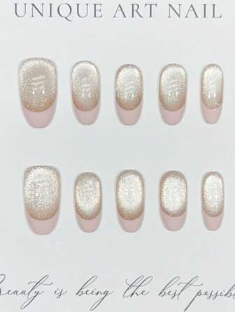 10 件粉色法式闪亮猫眼指甲贴纸，女性优雅少女氛围，椭圆形指甲贴花，手工制作可重复使用假指甲按压指甲美甲用品指甲