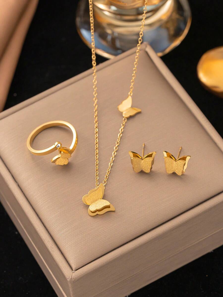 4pcs/Set Stainless Steel Butterfly Necklace, Earrings, Ring Set, Fashion French Hip-Hop Style Casual Minimalist Versatile, Suitable For Daily, Street, Valentine's Day, Party, Holiday Wear Or Gift - Butterfly 4pcs - View 1