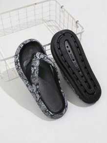 1 双夏季海滩度假厚底防滑塑料拖鞋，简约休闲百搭印花佩斯利花朵经典涂鸦时尚人字拖，适合青少年