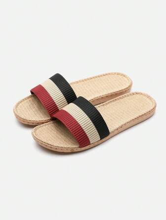 Women's And Couples' Linen Slippers, Colorblock Beach/Holiday Slippers, Non-Slip Indoor House/Hotel Sandals For Spring, Summer, Autumn