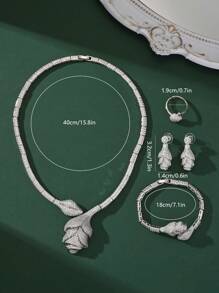 5pcs Fashionable Rose Gold Cubic Zirconia Necklace, Earrings, Bracelet, Open Ring Jewelry Set, Suitable For Women Daily Wear, Wedding, Party, Valentine's Day, Mother's Day Gift