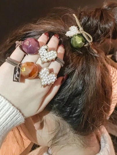 4pcs/8pcs/16pcs Women's Spring & Summer Heart-Shaped Pearl & English Letter Elastic Hair Ties, Elegant & Chic Street Style, Made Of Polyester Fiber (Polyester) Pearl, Spring & Summer