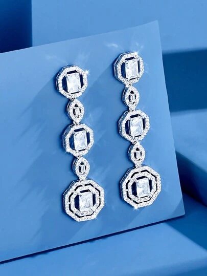 DV JEWELRY 一对奢华立方氧化锆镀白金吊坠耳环，优雅珠宝礼品，适合女士佩戴，适用于约会、婚礼、派对、周年纪念等场合，附赠礼盒