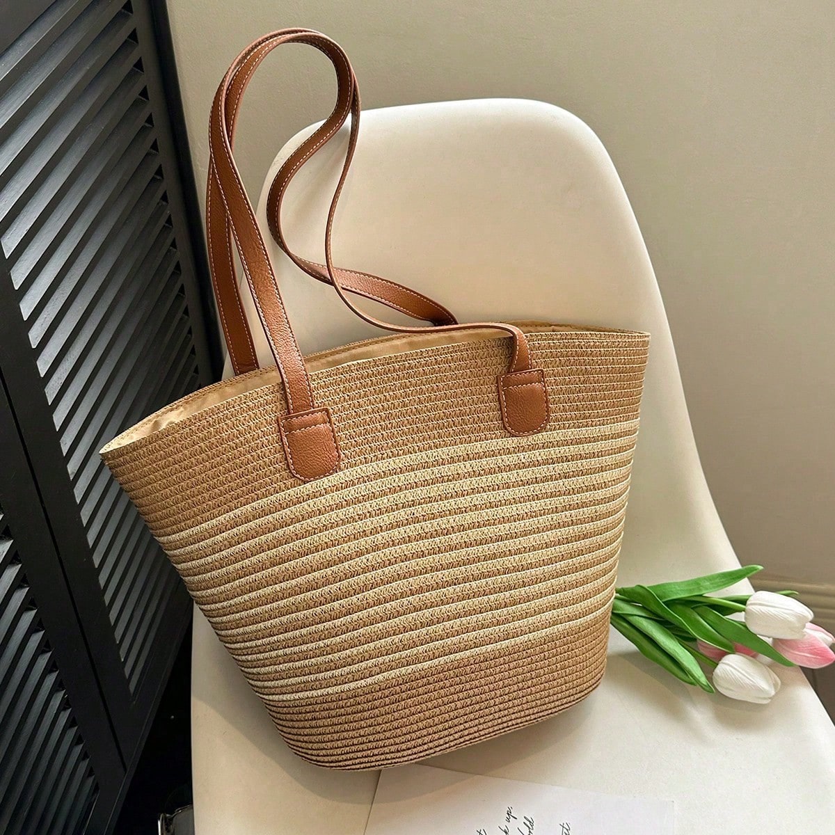 Fashion Vacation Straw Tote Bag For Women, Large Capacity Shoulder Bucket Bag, Versatile Office Work Travel Handbag, Beach Necessities,Beach Essentials,Beach Stuff & Summer Essentials, Hottest Beach Bags, Beach Bags