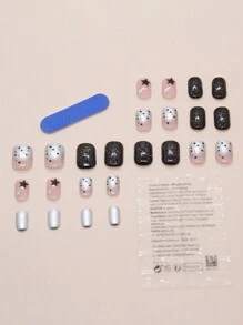 24 件方形短渐变色波尔卡圆点星形设计按压指甲 +1 个指甲锉 +1 个果冻凝胶适合女孩日常佩戴、工作、约会 - 彩色 - 查看 2