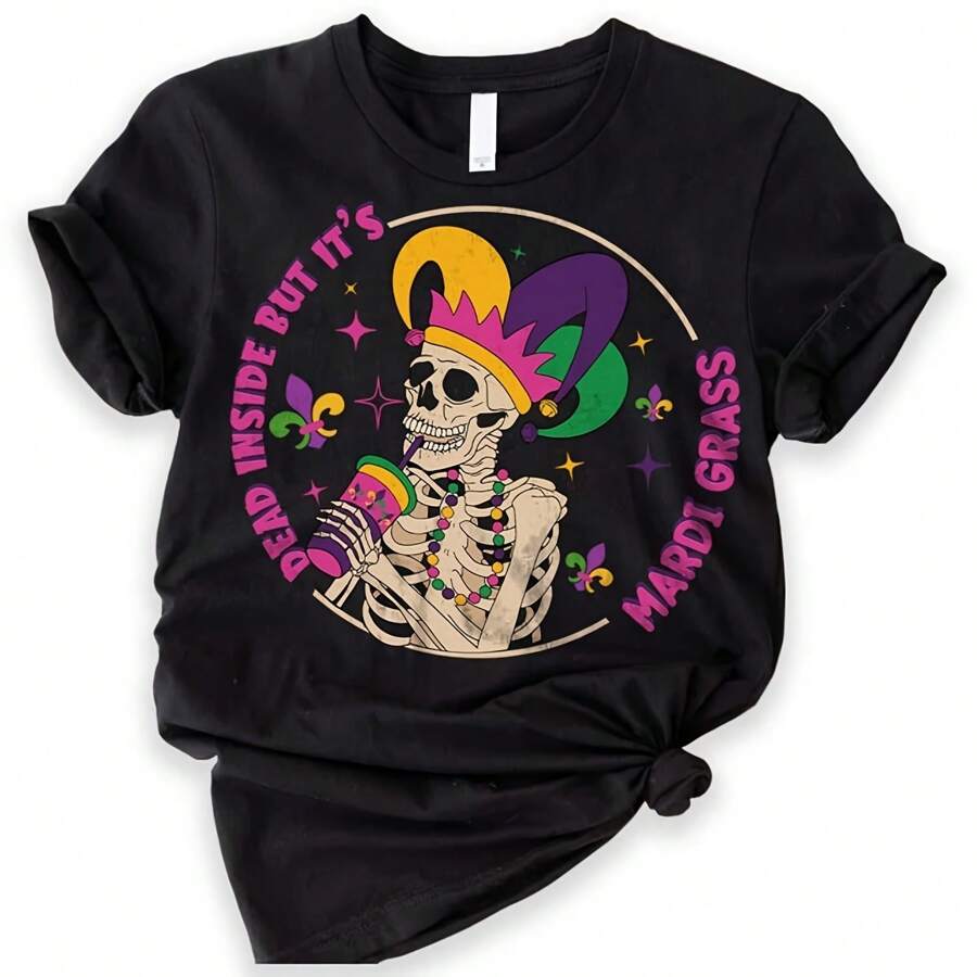 Dead Inside But It's Mardi Gras Shirt, Skeleton King Mardi Gras Shirt, Skull And Roses Mardi Gras Hooded Shirt - 黑色 - 查看 1