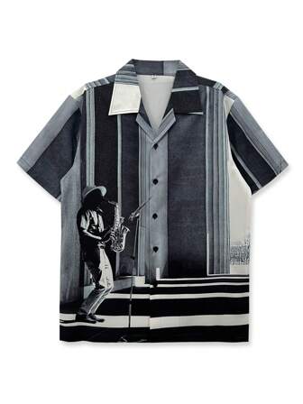 Men's Casual Shirt With Retro Printed Painting, Striped Black White Grey Saxophone Solo Portrait Design