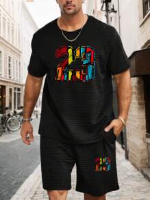 Men's Casual Sports Suit Set, Round Neck Short Sleeve Fashion Printed T-Shirt & Elastic Waist Sports Shorts With Pockets, Knitted Jacquard Fabric - Black - View 5