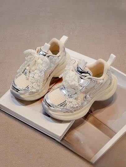 Spring New Girls Sports Shoes With Pearl, Lace & Bow Decor, Kids Running Shoes, Mid-Children Casual Breathable Mesh Sneakers, Lightweight Campus Student Toddler Shoes