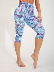 女士蓝色花卉印花紧身裤，弹力紧身裤，适合休闲、健身、锻炼、跑步、举重、瑜伽、居家室内、户外活动、海滩派对，七分之一长度，适合散步、购物 - 淺藍色 - 查看 4