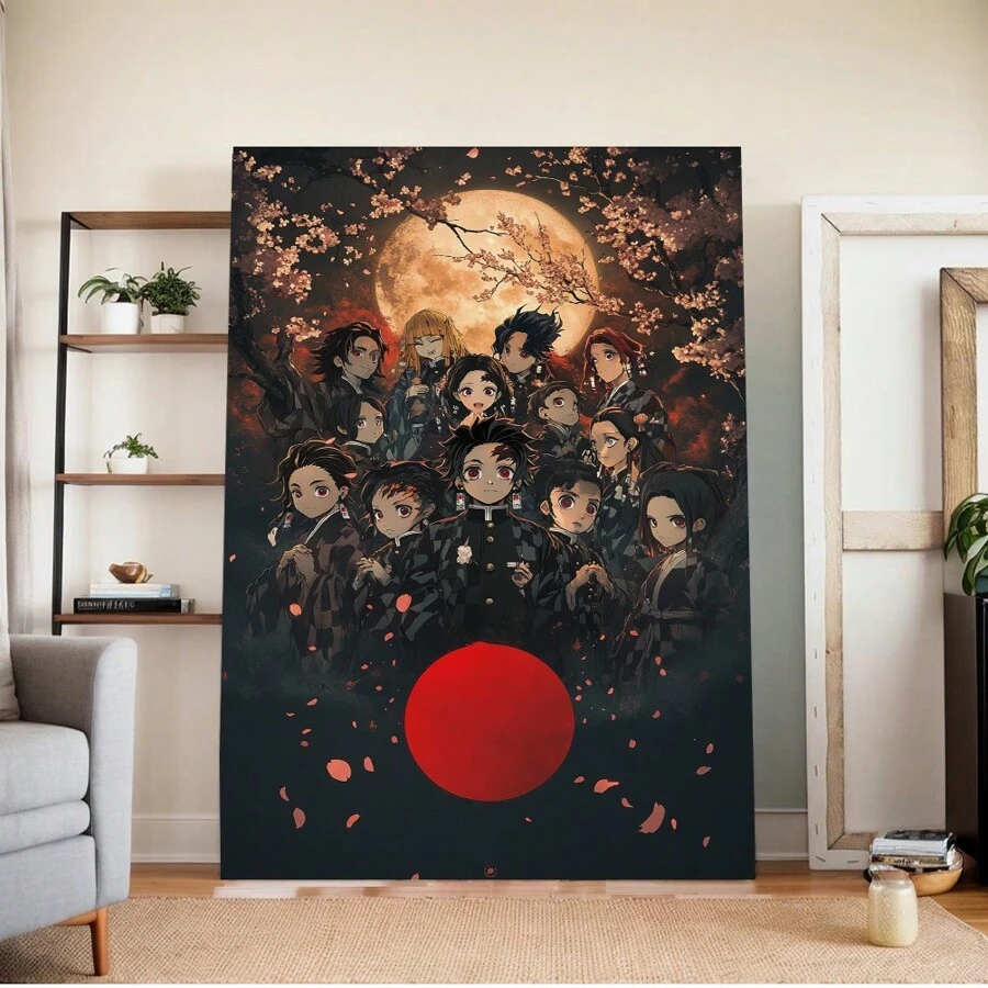Framed Enchanting Canvas Print Of Animated Figures In Japanese Clothing, With A Glowing Red Moon And Cherry Blossoms