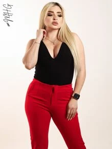 Pantalon de Vestir de Pinzas Estilizado Formal y Elegante para Mujer/Dama Para Trabajo, Oficina o Salida Formal / Semi Formal Corte Slim con Bolsillos Falsos Unicolor - Rojo - Ver 6
