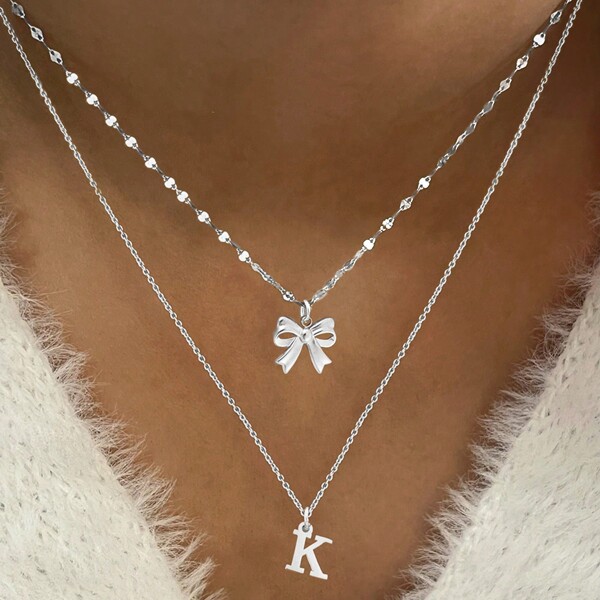 2Pcs/Set Fashionable Classic Silver Color Initial Bow Pendants Lip Chain Choker Stainless Steel Layered Chain Necklaces For Women