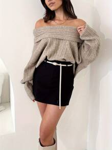 Women's Off Shoulder Sweaters Long Sleeve Solid Color Pullovers Ribbed Knit Tops - Khaki - View 3