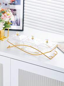 1 Set Luxury Snack Serving Plate, Wavy Pattern Dishes, Plastic Nut & Candy Tray With Lid On Golden Tray, Decorative Partition Display For Living Room Coffee Table, Suitable For Ramadan