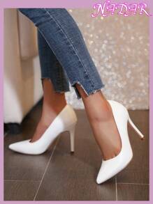 女士尖头细高跟浅口鞋，户外通勤绒面休闲鞋，春秋季 - 白色 - 查看 2