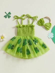 Baby Girls Sleeveless Romper Dress Casual Irish Day Sequin Clover Print Jumpsuit And Headband Set Fashion Clothes