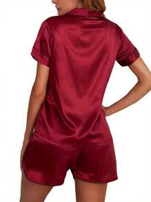 Womens Satin Pajama Set Summer Short Sleeve Heart Embroidery Button Shirt + Shorts Set Loungewear