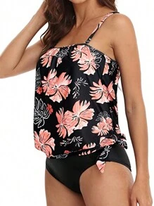 2pcs Women's Floral Print Slimming Gather Removable Spaghetti Strap Tankini Swimsuit Set - Black Background With Red Flowers - View 5