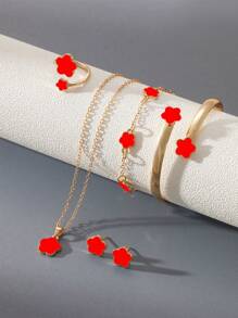 6 件/套韩国时尚五瓣花耳环、项链、手链、戒指首饰套装 - 时尚幸运花、梅花首饰套装，适合日常佩戴、圣诞节、新年、情人节、节日礼物 - 套裝 - 查看 7