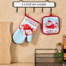 Christmas Oven Mitts And Potholder Non-Slip Heat Resistant Cooking Gloves Hot Bowl Pad With Loop For Kitchen - Teal Blue - View 5