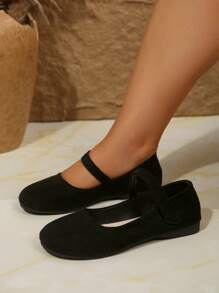 Plus Size 36-43 New Arrival Fashion Versatile Mary Jane Flat Shoes, Black Suede Fabric, Slip-On, Round Toe, Comfortable Slip-On Ballet Flats For Everyday & Work, Spring/Autumn