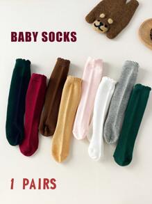 1 Pair Newborn Baby Socks, Solid Color Classic, Skin-Friendly Soft Comfortable Mid-Calf Socks, Fashionable Versatile Breathable Knee-High Socks, Suitable For Daily Life Or Holiday Gifts, Random Color