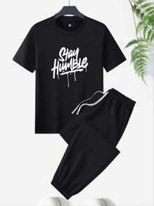 2pcs/Set Men's Casual Letter Graphic Print Short Sleeve T-Shirt And Drawstring Waist Pants Suit, Relaxed Fit, Suitable For Summer Outdoor Wear