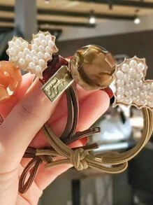 4pcs/8pcs/16pcs Women's Spring & Summer Heart-Shaped Pearl & English Letter Elastic Hair Ties, Elegant & Chic Street Style, Made Of Polyester Fiber (Polyester) Pearl, Spring & Summer - Multicolor - View 3