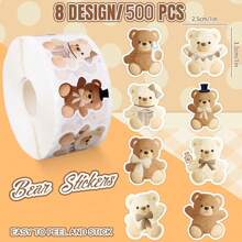 500 Stick/Roll Brown Bear Sticker Tags, Cake Clean Toothpick Decorations, Cartoon Plush Bear Day Thanks For Decorating Gift Box Crafts - Multicolor - View 3