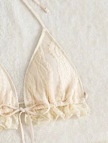 3 件套纯色蕾丝透明超短比基尼，时尚性感泳装，适合浪漫度假 - 杏色 - 查看 4