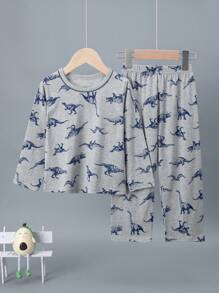 2pcs Young Boys' Dinosaur Allover Print Long Sleeve Pajama Set, Lightweight For Spring & Summer - Grey - View 1