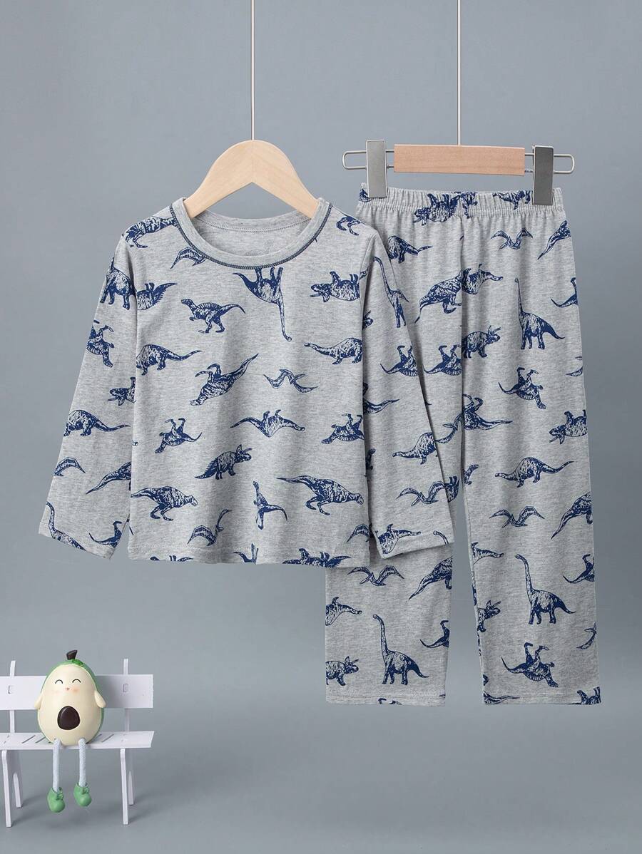2pcs Young Boys' Dinosaur Allover Print Long Sleeve Pajama Set, Lightweight For Spring & Summer - Grey - View 1