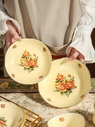 1 件玫瑰印花陶瓷圆盘，7 英寸/8 英寸深盘，适合餐厅/家庭用餐、沙拉、意大利面