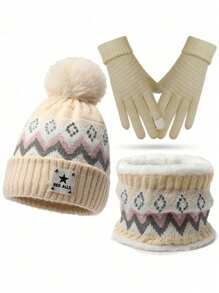Conjunto de 3 peças: gorro de tricô com punho, cachecol e luvas. Inclui gorro térmico com letras, cachecol de lã e luvas de inverno com dedos completos. Ideal para homens e mulheres. Gorro casual de lã, resistente ao vento e ao frio, com cachecol de pelúcia grosso e luvas jacquard. Perfeito para presentes de Natal e Dia dos Namorados. - Multicolorido - Ver 3