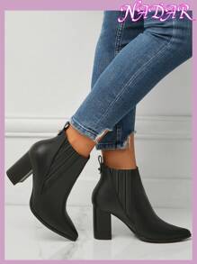 Women's Pointed Toe Chunky Heel Chelsea Boots, Slip-Resistant Outdoor Commuting Faux Leather Ankle Boots, Autumn/Winter, Boots For Women - Black - View 7