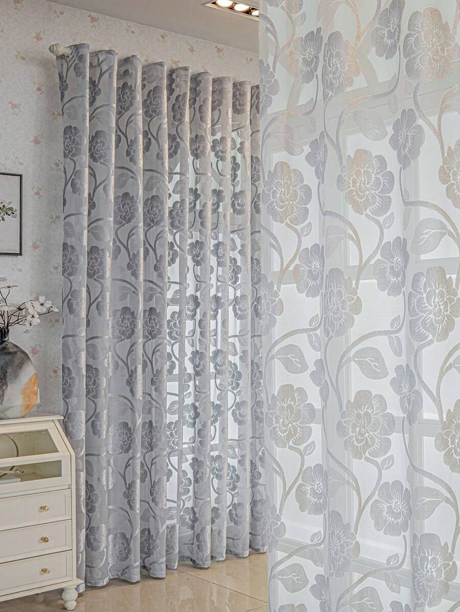 1 pieza Cortina Velo con patrón de loto estilo europeo para sala de estar, dormitorio, balcón, comedor, cortina divisoria semi-transparente gruesa, cortina de ventana jacquard gris para decoración del hogar - Gris - Ver 1