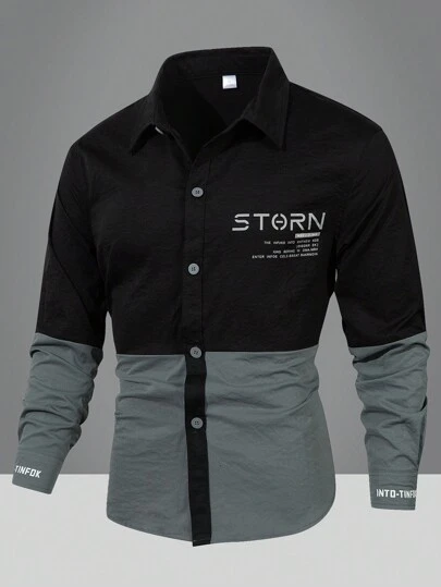 轻便户外运动休闲男士长袖衬衫，透气拼布印花纽扣领上衣，春夏