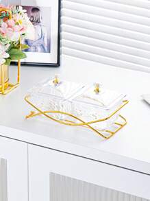 1 Set Luxury Snack Serving Plate, Wavy Pattern Dishes, Plastic Nut & Candy Tray With Lid On Golden Tray, Decorative Partition Display For Living Room Coffee Table, Suitable For Ramadan