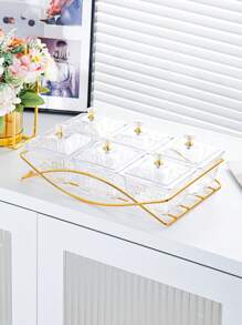 1 Set Luxury Snack Serving Plate, Wavy Pattern Dishes, Plastic Nut & Candy Tray With Lid On Golden Tray, Decorative Partition Display For Living Room Coffee Table, Suitable For Ramadan