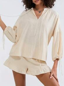 Women Linen Set Puff Long Sleeve V Neck Front Tie Shirt  Ruffle Boxer Shorts Set 2 Piece Lounge Sets Y2K Tracksuit - 杏色 - 查看 4
