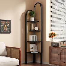 4 Tier Corner Shelf Stand, Solid Wood Boho Rattan Shelves With Wicker Weave For Bedroom Living Room, Tall Fan-Shaped Corner Bookshelf - Black - View 2